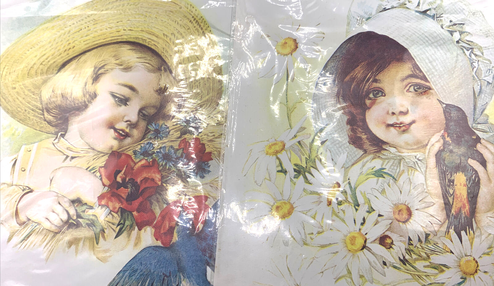 Vtg 1973 2 Prints Hazel Pearson Handicrafts Girl & Blackbird Bluebird Set Lot