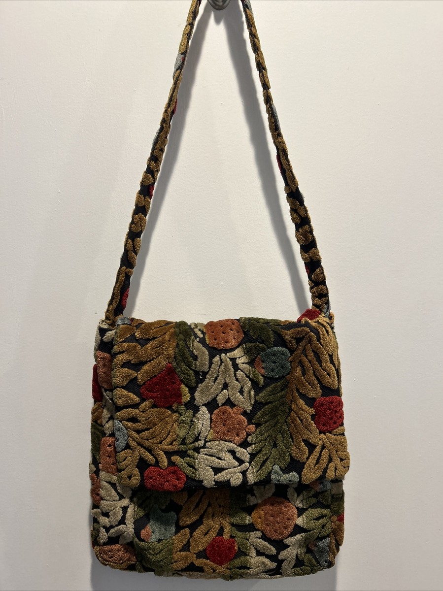 Vtg CARPET Bag PURSE Tapestry CUT CHENILLE Floral Shoulder Bag 1950s-60s