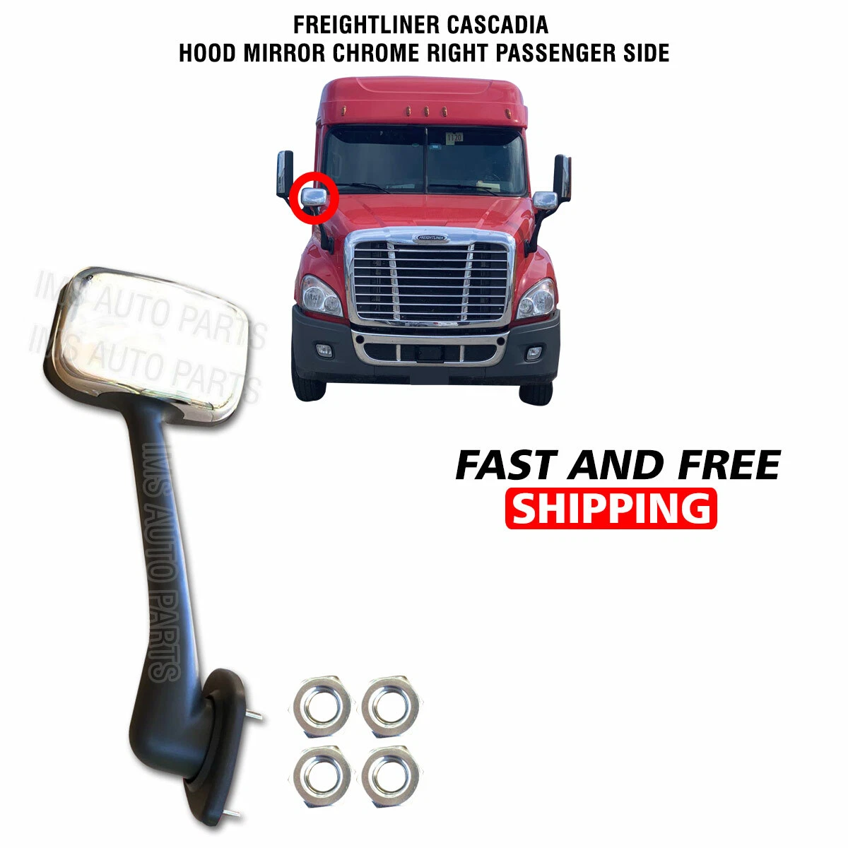 Freightliner Columbia Cascadia Hood Mirror Chrome Right Passenger