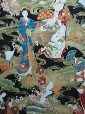 GEISHA WOMEN GARDEN METALLIC GOLD COTTON FABRIC 27 Inch Cut 