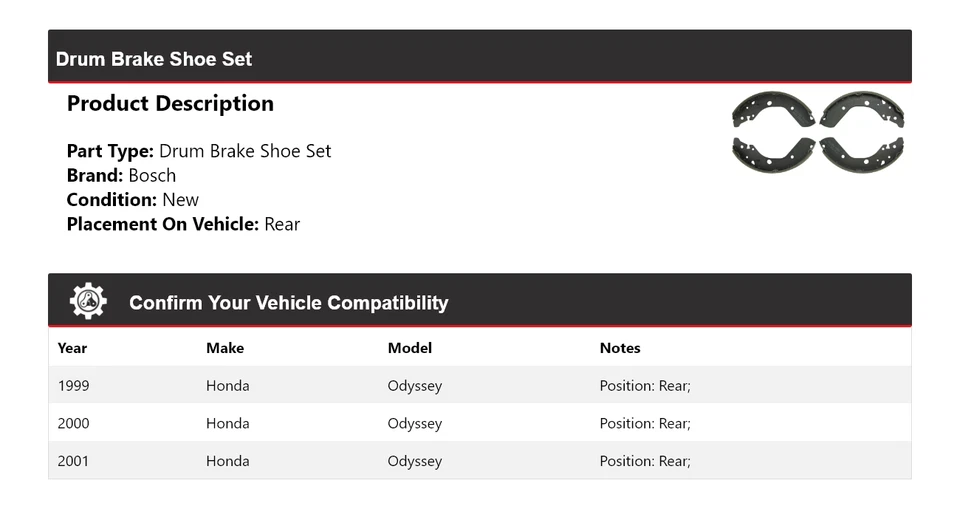 Juego de zapatas de freno de tambor traseras 2000 para Honda Odyssey Bosch 1999-2001 Foto 2 de 3
