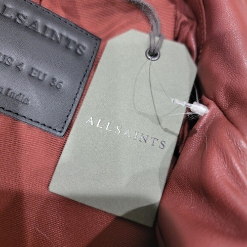 All Saints Balfern Leather Biker Jacket Fire Red Moto Burgundy Maroon Size 4 - Picture 6 of 8