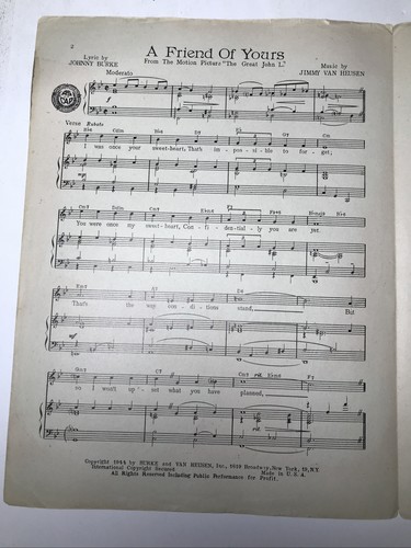 A Friend Of Yours Vintage Sheet Music Johnny Burke The Great John L 1944 - Picture 2 of 4
