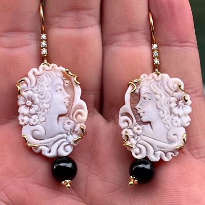 Earrings Antique Victorian style shell carved cameo woman among the flowers 
