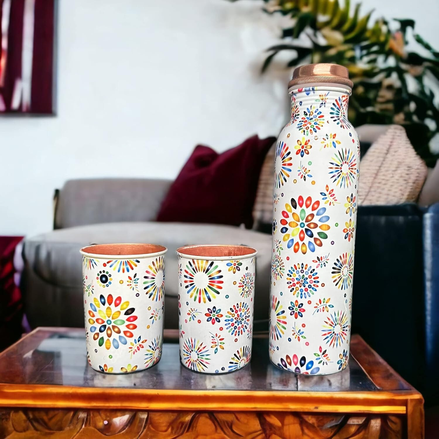 Multi Color Printed Copper Bottle With 2 Glass For Health Be
