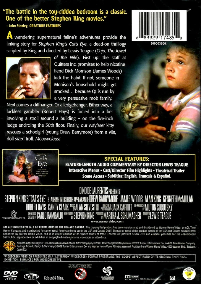 The Cat's Eye - Stephen King Horror - James Woods, Drew Barrymore , New DVD - Image 2 of 2