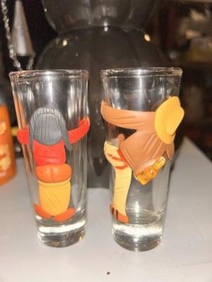 2 Tall Shot Glasses. Handmade Novelty Souvenir Mexico. Drunks. 3-D Clay Art.