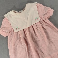 Vintage Hartstrings Strawberry Embroidered Seersucker Bib Dress 4 USA Made