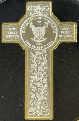 2026 1 Oz .999 Silver Cameroon CRUCIFIX Shaped Coin Gold Gilded