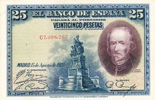 Banco de Espana Spain 25 Pesetas 1928  AU