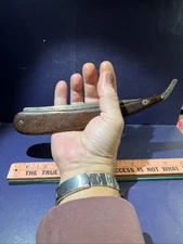 Vintage HUGE  straight razor 10” Long / 1.5” Blade Width Primitive - Wood Handle