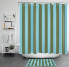 Modern Vintage Green and Blue Striped Shower Curtain Set for Bathroom Decor