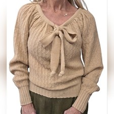 Vintage 1970s Pointelle Knit Sweater Bow Tie Prairie Boho Romantic S
