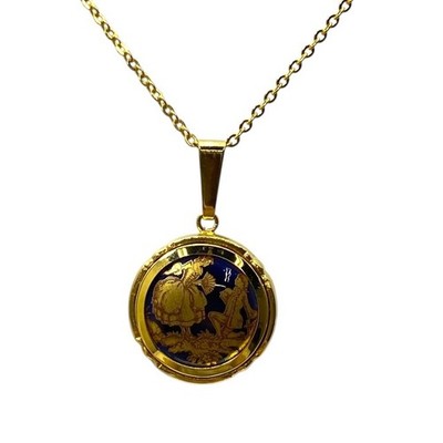 Vintage LIMOGES Porcelain Necklace Pendant, France Retro Jewelry, Gold & Navy