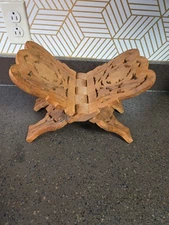 Vintage Hand Carved Wooden Folding Book Holder Bible Stand India 