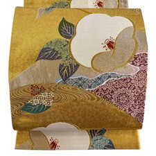 JAPANESE KIMONO BELT FUKURO OBI PURE SILK GOLD ROKUTSU-GARA D3640
