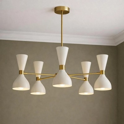 Mid-Century Brass Chandelier Stilnovo Diablo White Cone Italian Home Decor Lamp