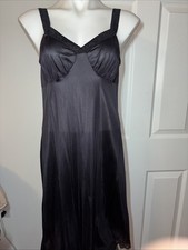 Unmentionables Black Silky Slip Nightgown Lace Trim Lingerie 36 Vintage