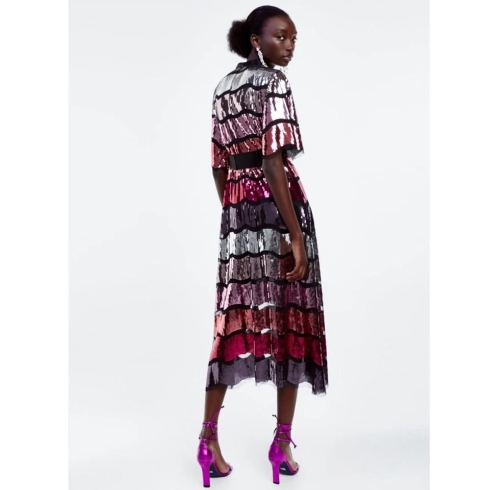 全新带标签 ZARA 限量版罕见亮片条纹腰带迷笛连衣裙 S 码 — 第 4/4 张图片