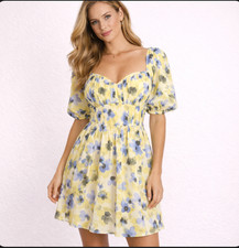 NWT Abercrombie & Fitch Mini Dress Medium Puff Sleeve Floral Cottage Green Blue