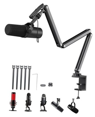 Aluminum Alloy Boom Arm Microphone Stand for Desk, Three-Section Adjustable 