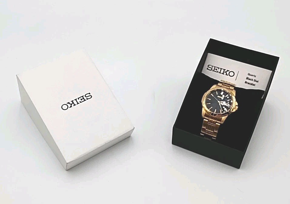 Seiko Men's Watch SUR358 Quartz Gold Stainless Steel Black Dial