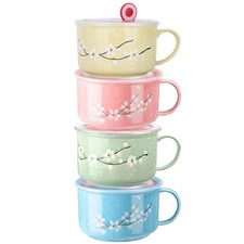 30 oz Microwave Safe Ceramic Soup Bowls with Handles Lids - Set of 4, Durable