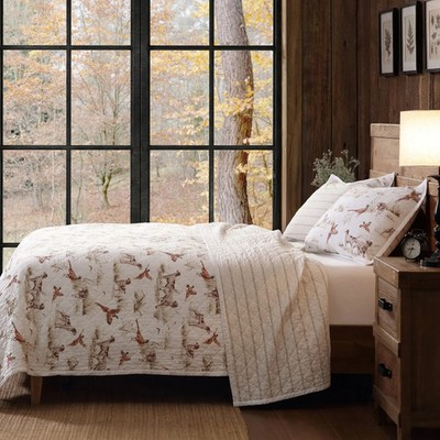 Hunt Life Bird Dog Pheasant Country Cabin Reversible Twin 2 Pc Quilt Bed Set