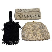 VTG Bon Soir Beaded Clutch Purse Lot Cream Black Faux Pearl Sequin Evening Bag