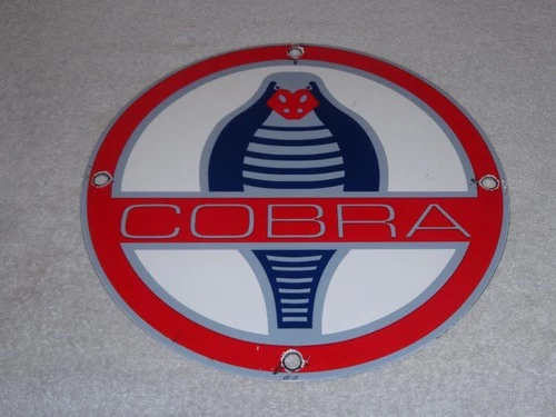 VINTAGE FORD SHELBY COBRA CAR +SNAKE 11 3/4" PORCELAIN METAL GASOLINE & OIL SIGN