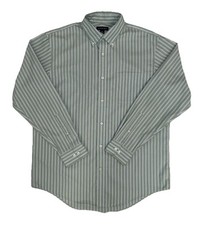 Lands End Dress Shirt Button Up Size L 16 - 16 1/2 Green Striped Traditional Fit