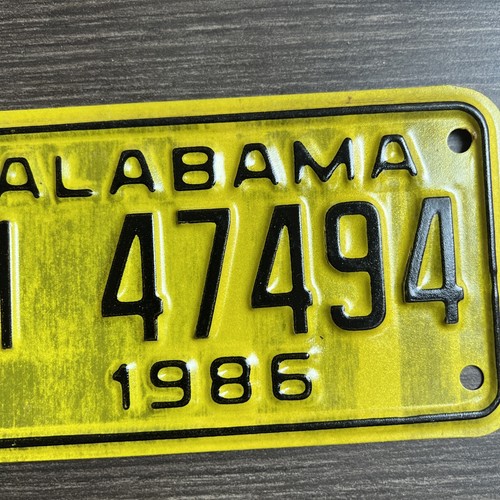 Vintage 1986 Alabama Motorcycle License Plate Yellow Black M47494 - Afbeelding 3 van 4