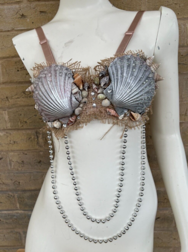 Stunning Mermaid Real Shell Bra Top Rave Dance Club Sparkle 32A SILVER (18) - Picture 1 of 10