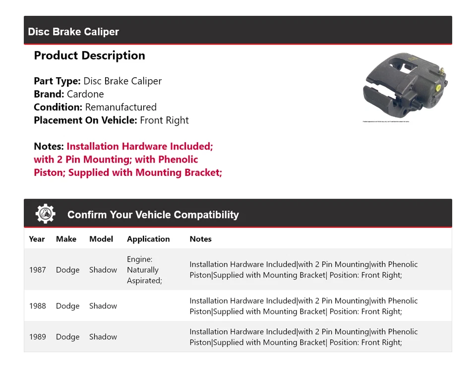 For 1987-1989 Dodge Shadow Disc Brake Caliper Front Right Cardone 1988 - Image 2 of 4