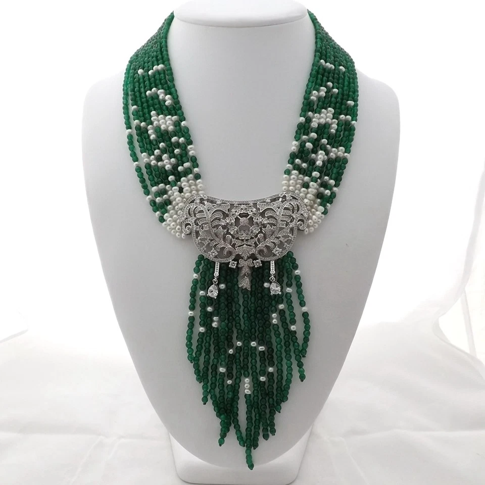Collar colgante de perlas blancas cultivadas de agua dulce de jade verde de 19" 9 hebras circonita cúbica Foto 2 de 4