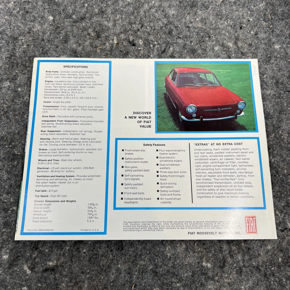 Fiat 850 Fastback 1967 1968 cupé carpeta folleto de venta de autos antiguos Foto 2 de 4