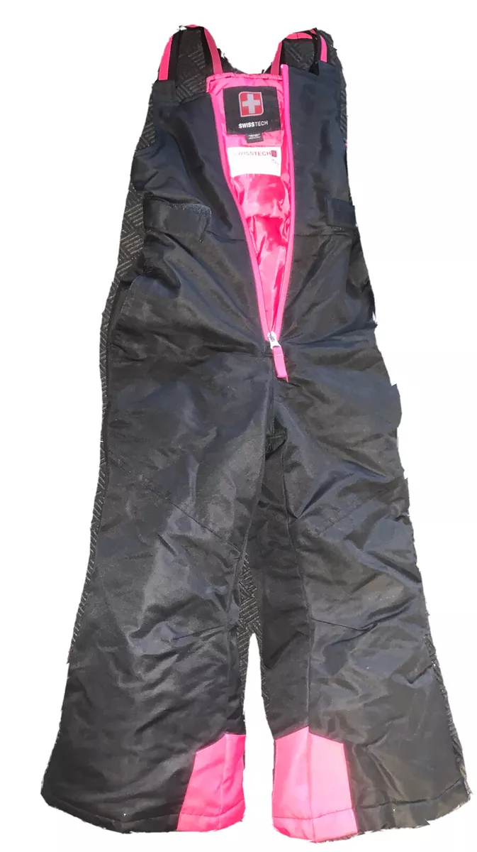 SWISS Tech Ski Snow Bib Pants Black PINK adjustable straps Overalls Girls  XS 4-5