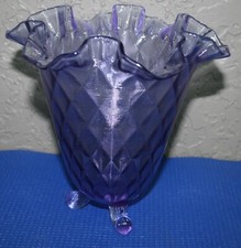 Fenton Diamond Optic Three Toes Footed Vase 7" Ribbed Glass Violet Purple