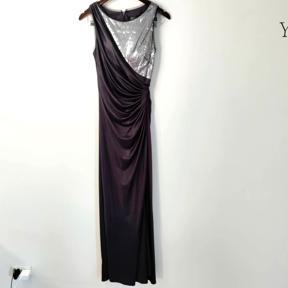 Adrianna Papell 6 Gray & Silver Sequin Split Ruche Evening Wedding Formal Gown - Image 2 of 4