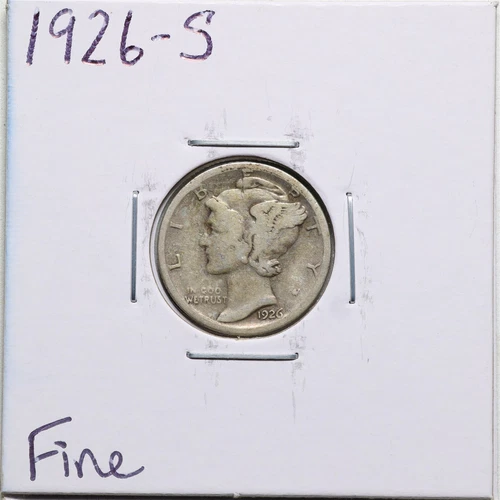 1926-S 10C Mercury Winged Liberty Dime in Fine Condition #2533