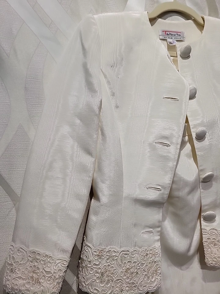 Traje Falda Talbots AJ Bari XS Vintage Años 80 Crema Moire Bordado Lentejuelas Bordado Foto 2 de 4