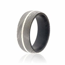 New 8mm Wide Damascus Steel Ring with African Black Wood Sleeve and Sterling Sil