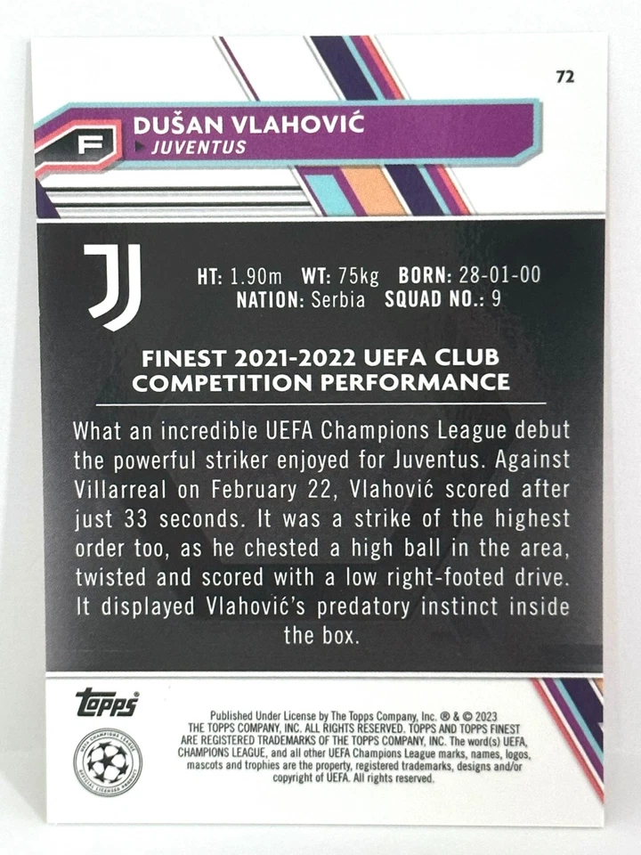 2022-23 Topps Finest UCL Juventus Dusan Vlahovic Orange Refractor /25 - Image 4 of 4