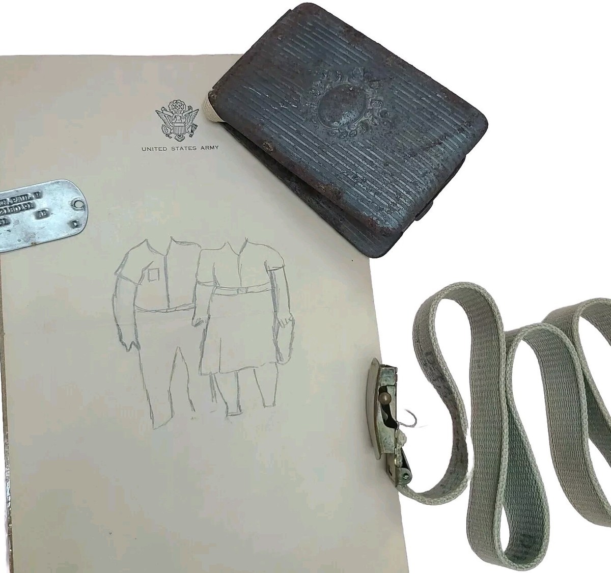 army cigarette case WW11 Lot Items INCL CIGARETTE CASE Orig. Army Paper Drawing Belt & Dog Tag  CR3