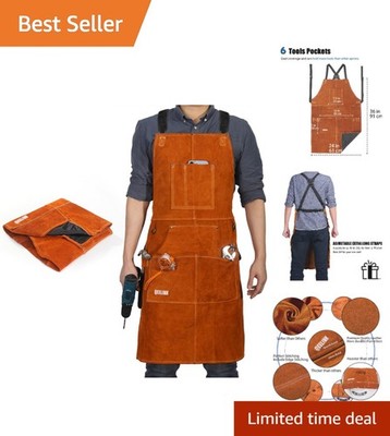 Adjustable Leather Welding Apron with Tool Pockets Heat Flame Resistant 36 Inch