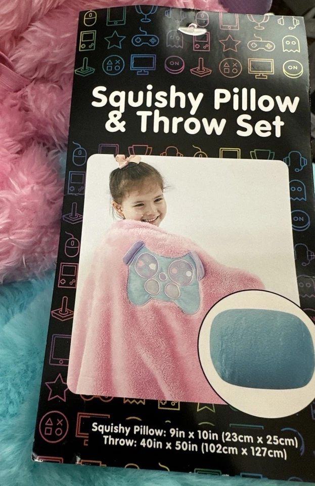Kids Girl’s Squishy Pillow & Throw Blanket Set Pink Turquoise Lavender - Image 3 of 3