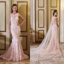 Gorgeous Wedding Dresses Mermaid 3D Floral-Appliques Tulle Sweep Train Backless