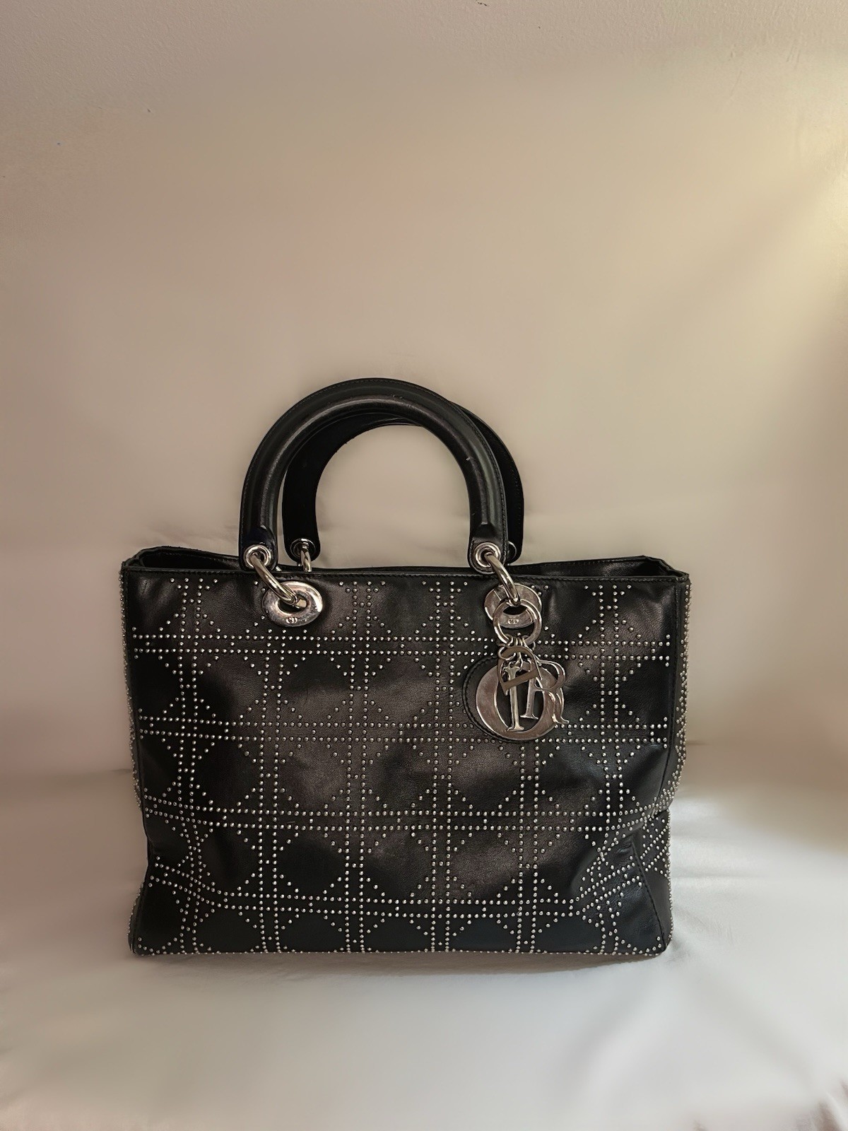 RARE LADY DIOR BLACK LEATHER BAG WITH SILVER STUDS