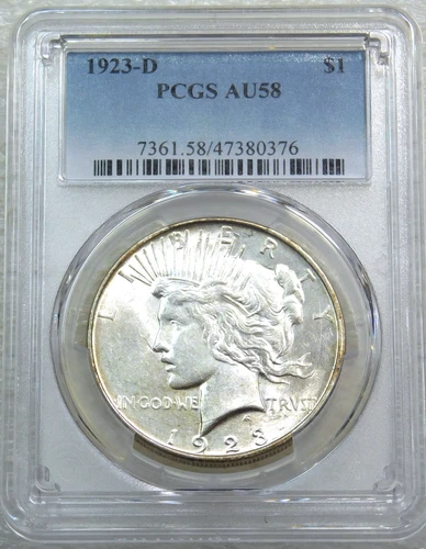 1923-D Peace Silver Dollar PCGS AU58 Frosty PQ for the grade New Holder #Y271D