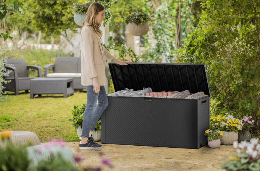 Coffre rangement extérieur 270L gris anti UV pour stocker les coussins
